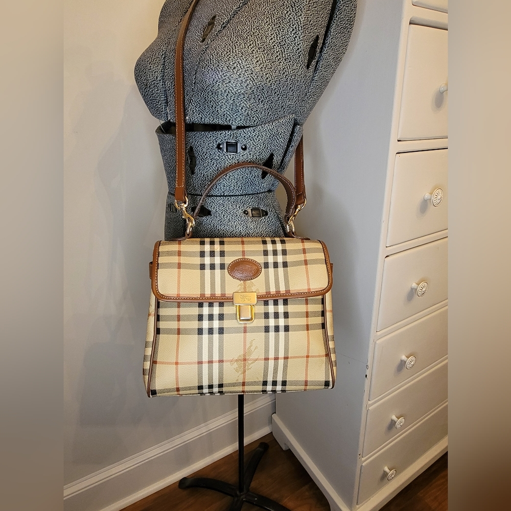 Burberry Beige Tan Check Leather Trim Top-Handle Shoulder Bag